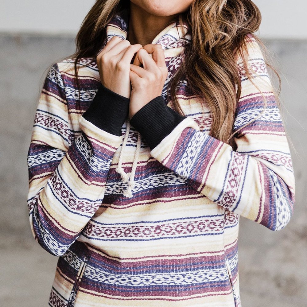Tribal Pattern Pocket High Neck Pullover Hoodie